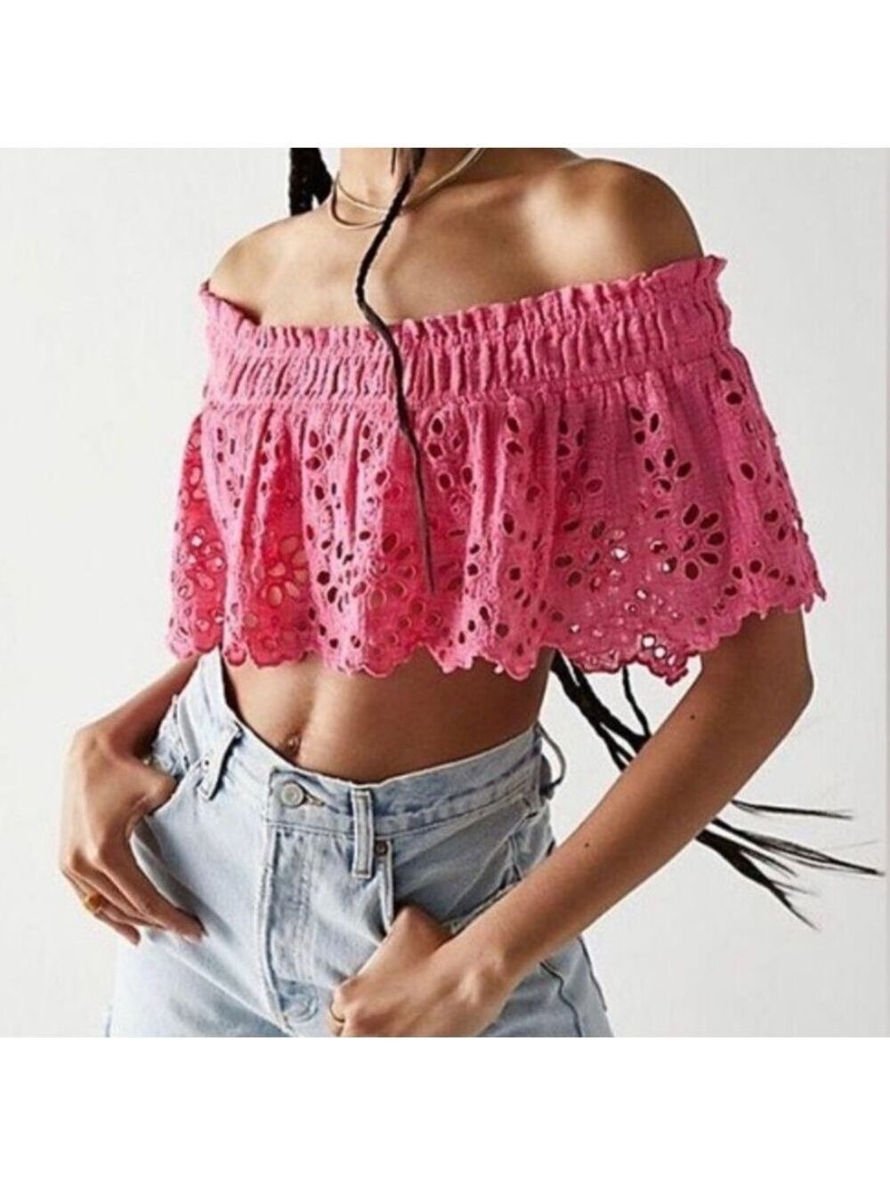 Free People One Perla Eyelet Lace Off Shoulder Pink/Rose Crop Top Size S $88